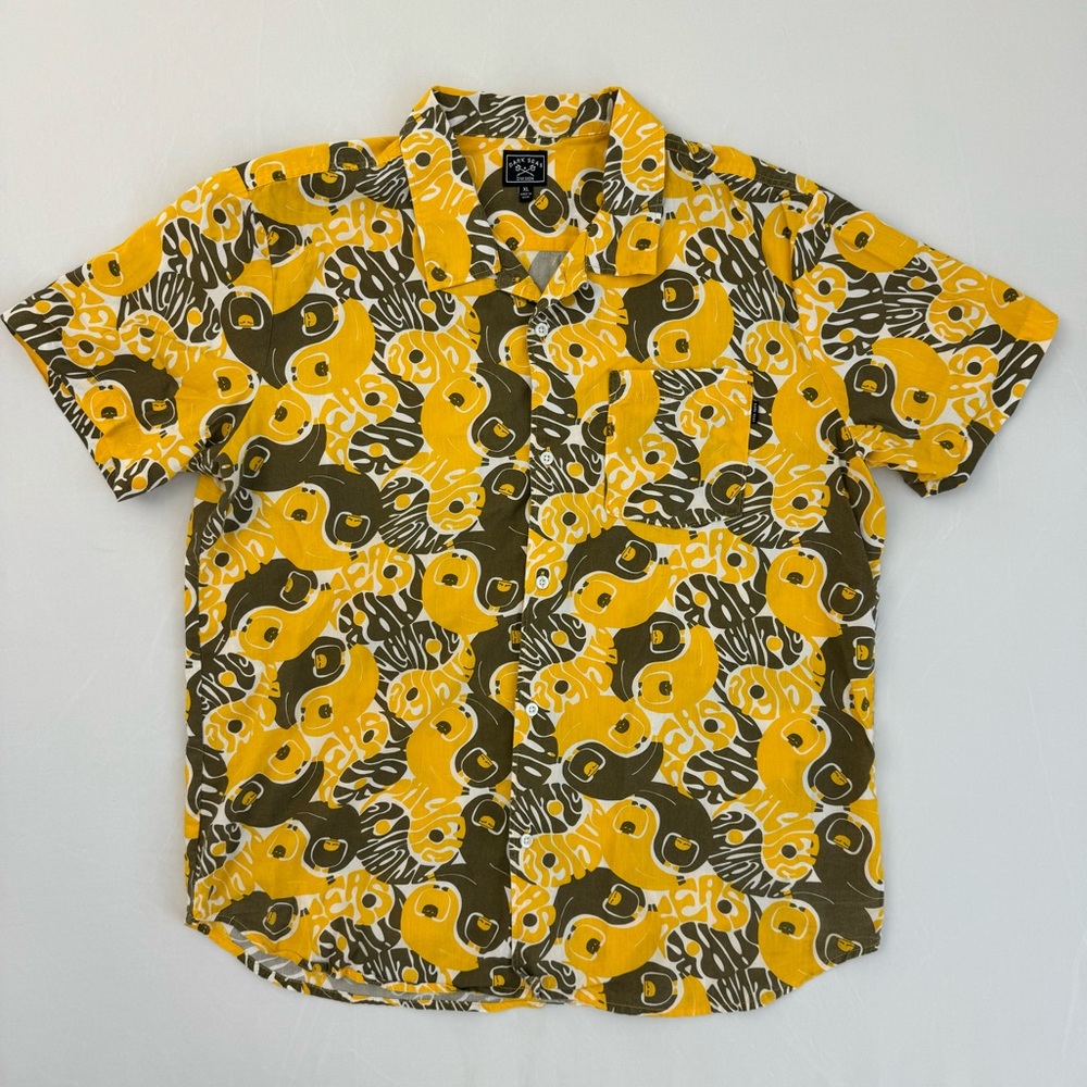 Yellow Abstract Dark Seas XL SS Button Shirt Extra Large Short Sleeve